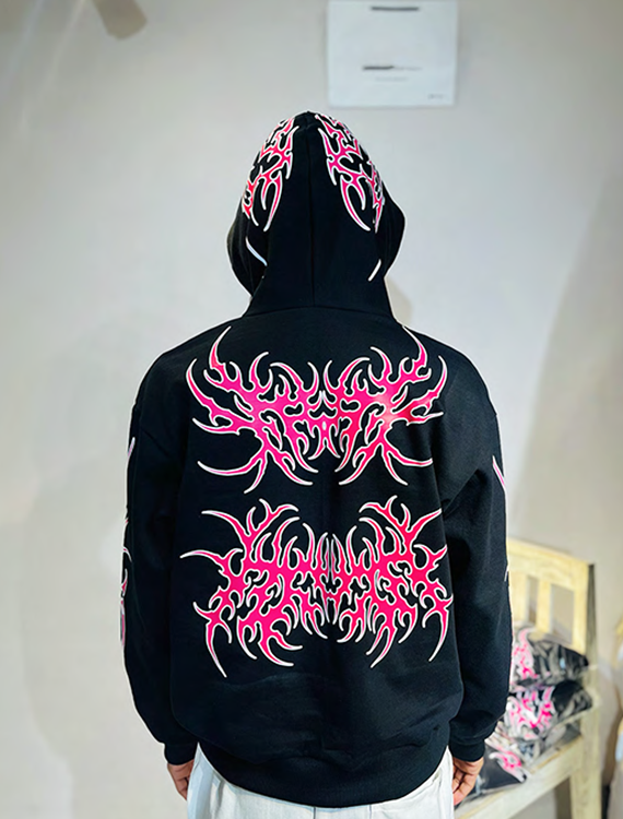 Black hoodie with tribal flame graphics