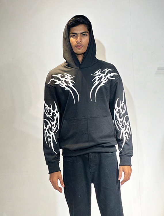 Black hoodie with white tribal flame graphics