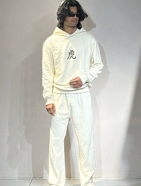 Off white Hoodie & Pant Set with chinese chest print