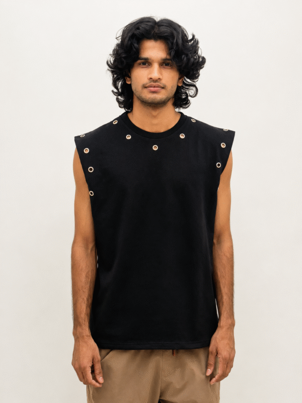 black sleeveless full stud