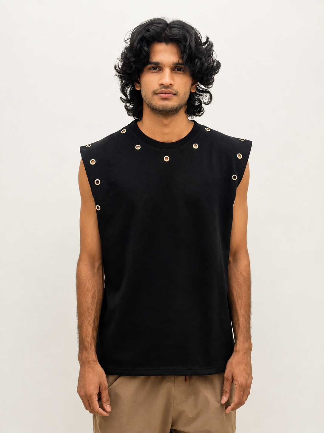 black sleeveless full stud